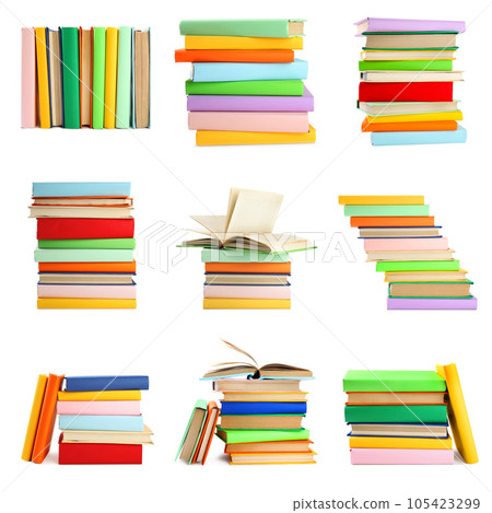 Set of different bright hardcover books on white background 105423299