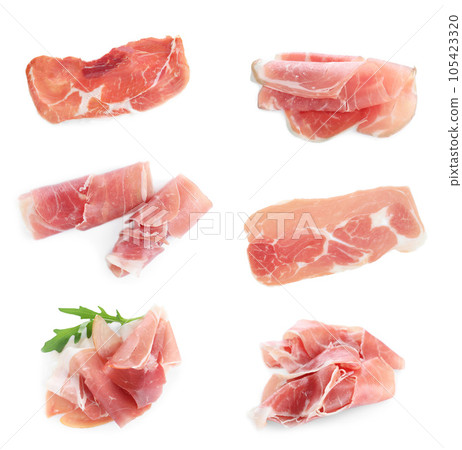 Set of delicious sliced jamon on white background Set of delicious sliced jamon on white background 105423320