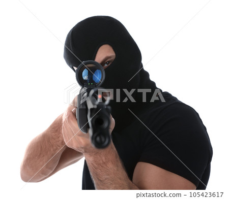 Professional killer with sniper rifle on white background 105423617
