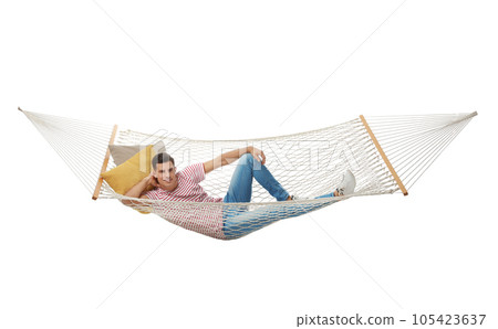 Man resting in hammock on white background 105423637