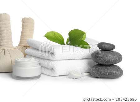 Beautiful composition with spa stones on white background 105423680