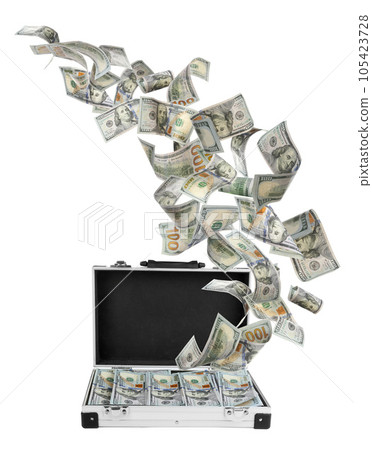Metal case and American dollars on white background. Flying money Metal case and American dollars on white background. Flying money 105423728