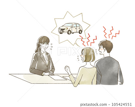 A man and a woman complaining about a car to a woman in a suit 105424551
