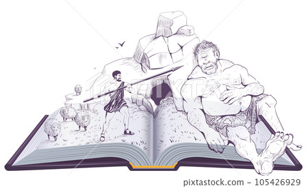 Odysseus spearing Cyclops legend and myth ancient greece ancient literature open book 105426929