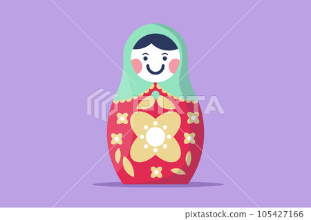 Cartoon flat style drawing of stylized cute matryoshka Russian nesting dolls logo, icon, symbol. Souvenir from Russia. Traditional Russian matryoshka dolls souvenir. Graphic design vector illustration 105427166