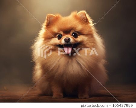 可愛的博美犬看著相機棕色背景的全身逼真插圖 可愛的博美犬看著相機棕色背景的全身逼真插圖 105427999