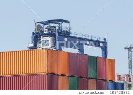 Engineering shipping crane depot at logistic export terminal control. Warehouse freight background container yard loading quayside harbor port. Logistics seascape shipping portal concept 105428881