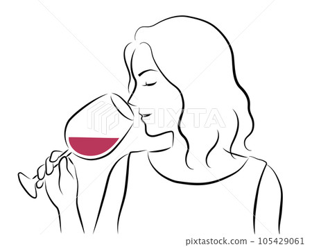 A line drawing of a woman holding a wine glass 105429061