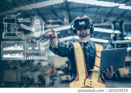 Engineer male using VR virtual reality technology in modern warehouse factory new innovation engineering Engineer male using VR virtual reality technology in modern warehouse factory new innovation engineering 105429554