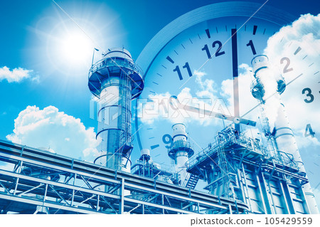 Fossil fuel power plant overlay times clock blue sky for countdown climate clock fuel run out off the world concept Fossil fuel power plant overlay times clock blue sky for countdown climate clock fuel run out off the world concept 105429559