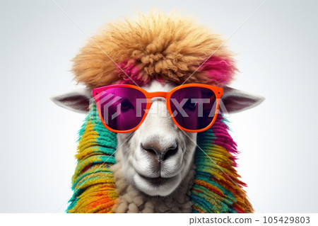 Abstract of fashion style sheep wearing sunglasses portrait isolated on clean png background, sheep fur multi colored colorful on skin body and hairs paint, with Generative AI. Abstract of fashion style sheep wearing sunglasses portrait isolated on clean png background, sheep fur multi colored colorful on skin body and hairs paint, with Generative AI. 105429803