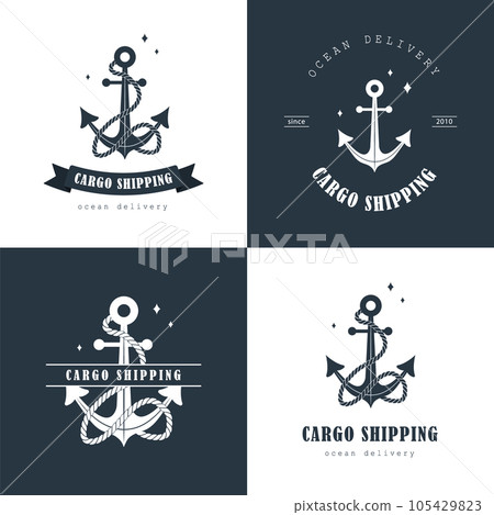 Set of Cargo shipping logos. Ocean delivery. Sea freight transportation and logistics. Export and import over world. Vector illustration in flat style 105429823
