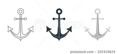 Anchor icons set. Marine logo. Nautical symbols isolated on white background. Vector illustration in outline, flat and cartoon style Anchor icons set. Marine logo. Nautical symbols isolated on white background. Vector illustration in outline, flat and cartoon style 105429824