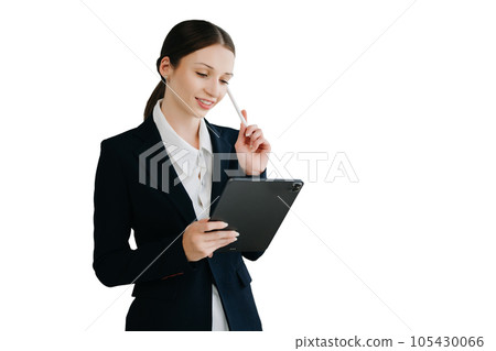 Smiling caucasian young businesswoman bank employee worker manager boss ceo looking at camera, using tablet, laptop and notepad online isolated in white background. 105430066