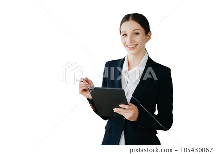 Smiling caucasian young businesswoman bank employee worker manager boss ceo looking at camera, using tablet, laptop and notepad online isolated in white background. 105430067