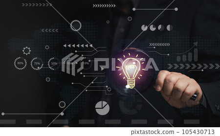 ideas concept. Man holding light bulb with starburst sparks. brainstorming ideas in a new way. finding solutions to problems encountered. Business Process thinking system. 105430713