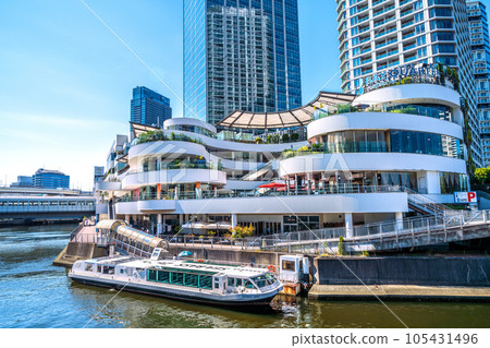 Cityscape of Yokohama, Japan Summer, intense heat. View of Yokohama Bay Quarter and water bus 105431496