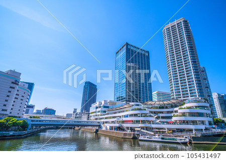 Cityscape of Yokohama, Japan Summer, intense heat. View of Yokohama Bay Quarter and water bus 105431497
