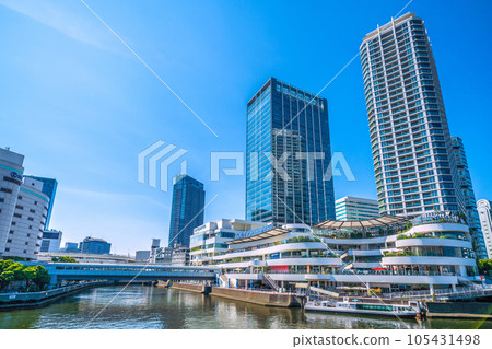 Cityscape of Yokohama, Japan Summer, intense heat. View of Yokohama Bay Quarter and water bus 105431498