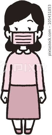一位戴著粉色無紡布口罩、面向前方的女性的全身插圖 一位戴著粉色無紡布口罩、面向前方的女性的全身插圖 105431853