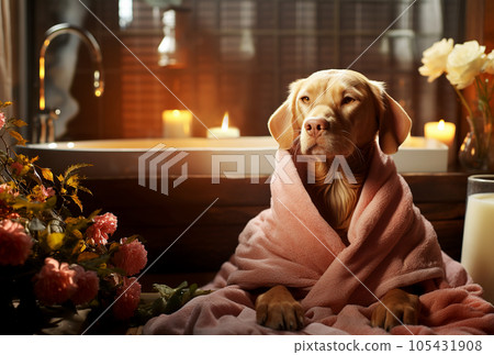 German shorthaired pointer relaxes in the spa. 105431908