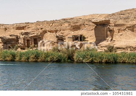 Panoramic view of fertile banks of Nile and everyday life during river cruise River near Luxor Egypt direction assuan 105431981