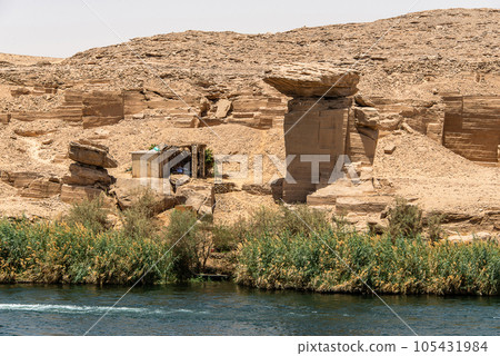 Panoramic view of fertile banks of Nile and everyday life during river cruise River near Luxor Egypt direction assuan Panoramic view of fertile banks of Nile and everyday life during river cruise River near Luxor Egypt direction assuan 105431984
