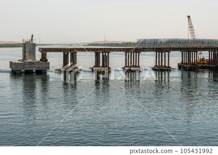 Build of new Nile river Bridge after Luxor in direction Assuan during boat cruise construction site Build of new Nile river Bridge after Luxor in direction Assuan during boat cruise construction site 105431992