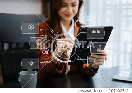 Woman using chatbot in computer and tablet smart intelligence Ai.Chat with AI Artificial Intelligence, developed by OpenAI generate. Futuristic technology, robot in online system. Woman using chatbot in computer and tablet smart intelligence Ai.Chat with AI Artificial Intelligence, developed by OpenAI generate. Futuristic technology, robot in online system. 105432841