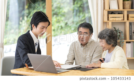 Senior couple talking with visiting sales 105433143