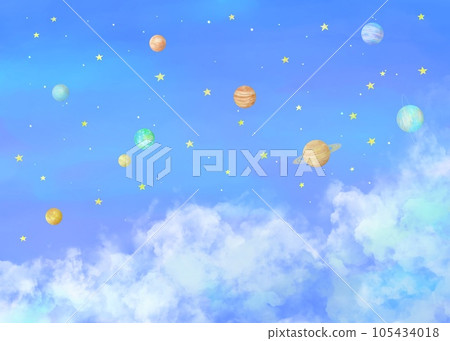 漂浮在太空中的太陽系行星的可愛水彩插圖。 漂浮在太空中的太陽系行星的可愛水彩插圖。 105434018
