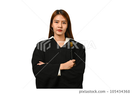 Photo of lawyer wearing formalwear holding gavel hammer mallet isolated on white background Photo of lawyer wearing formalwear holding gavel hammer mallet isolated on white background 105434368