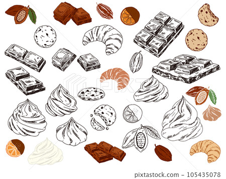 黑白、單調、線條畫插圖:手寫、巧克力、生奶油、羊角麵包、橙色 黑白、單調、線條畫插圖:手寫、巧克力、生奶油、羊角麵包、橙色 105435078
