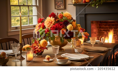 Dining room decor, interior design and autumn holiday celebration, elegant autumnal table decoration with candles and flowers, home decor and country cottage style 105435612