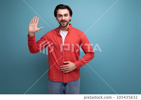 35 year old brunette millennial man with gorgeous hair greets 105435632