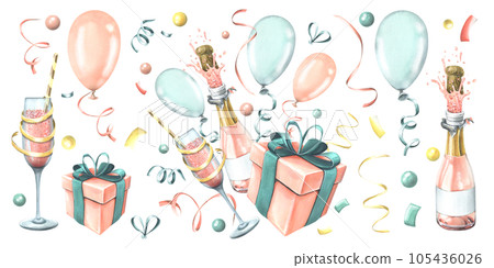 Gift box with a bottle and a glass of champagne, with balloons and confetti, in pink and blue. Watercolor illustration hand drawn. Set of isolated elements on a white bachground. Gift box with a bottle and a glass of champagne, with balloons and confetti, in pink and blue. Watercolor illustration hand drawn. Set of isolated elements on a white bachground. 105436026