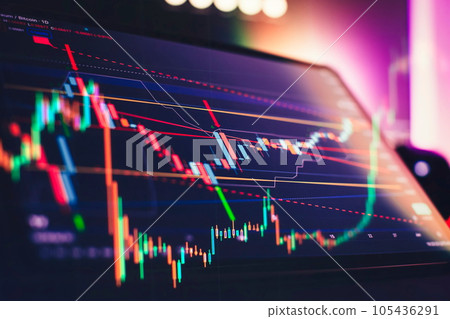 indicators including volume analysis for professional technical analysis on the monitor of a computer. 105436291