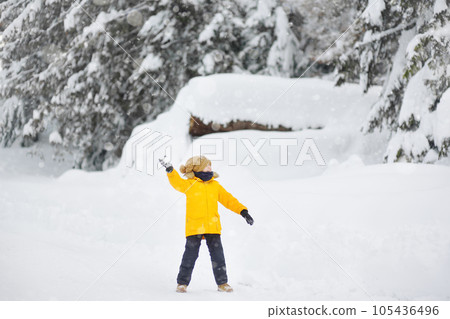 Happy preteen boy having fun playing with fresh snow during vacation in european Alps. Child dressed in warm clothes, hat, hand gloves and scarf. 105436496