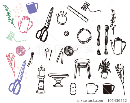 黑白、單調、線條畫插圖：手寫、時尚、時尚、可愛、室內、縫紉、工藝品 105436532