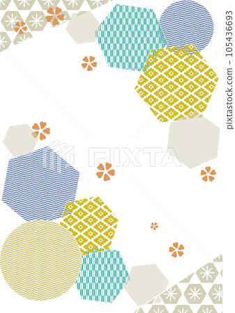 Vector illustration of a vertical New Year's card template with a green hemp leaf pattern on a blue Japanese pattern background Vector illustration of a vertical New Year's card template with a green hemp leaf pattern on a blue Japanese pattern background 105436693