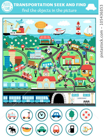 Vector transportation searching game with city landscape with roads, cars, metro. Spot hidden objects. Water, air, underground, land transport seek and find educational printable activity for kids Vector transportation searching game with city landscape with roads, cars, metro. Spot hidden objects. Water, air, underground, land transport seek and find educational printable activity for kids 105436853