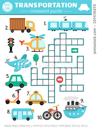 Vector transportation crossword puzzle for kids. Simple quiz with car, truck, plane, taxi, ship, bus, scooter, bike, helicopter for children. Cute educational cross word activity with transport 105436859