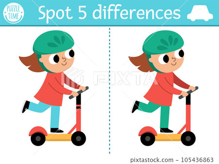 Find differences game for children. Transportation educational activity with cute girl riding push scooter. Cute puzzle for kids with funny transport. Printable worksheet or page for logic and 105436863