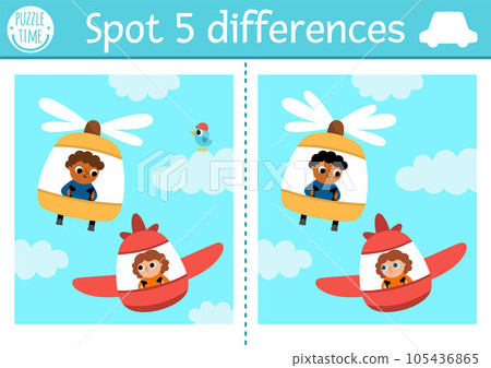Find differences game for children. Transportation educational activity with plane and helicopter with pilots flying in the sky. Cute puzzle for kids with funny transport. Printable worksheet 105436865