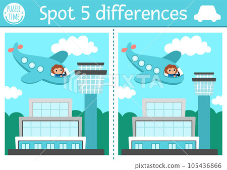 Find differences game for children. Transportation educational activity with plane with girl pilot flying in the sky to the airport. Cute puzzle for kids with funny transport. Printable worksheet 105436866