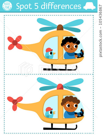 Find differences game for children. Transportation educational activity with helicopter with pilot flying in the sky. Cute puzzle for kids with funny transport. Printable worksheet 105436867