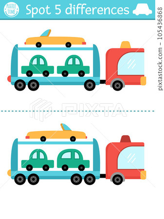 Find differences game for children. Transportation educational activity with cute car carrier. Cute puzzle for kids with funny tow truck. Printable worksheet or page for logic and attention skills 105436868