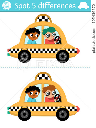 Find differences game for children. Transportation educational activity with cute taxi with passenger and driver. Cute puzzle for kids with funny transport. Printable worksheet or page with cab 105436870