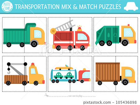 Vector transportation mix and match puzzle with cute trucks. Matching transport activity for preschool kids with lorries. Educational printable city vehicles game Vector transportation mix and match puzzle with cute trucks. Matching transport activity for preschool kids with lorries. Educational printable city vehicles game 105436898