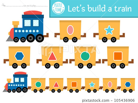 Lets build a train cut and glue activity. Transportation educational crafting game with engine and wagons. Vector transport printable page for kids with shapes. Arrange in the right order Lets build a train cut and glue activity. Transportation educational crafting game with engine and wagons. Vector transport printable page for kids with shapes. Arrange in the right order 105436906